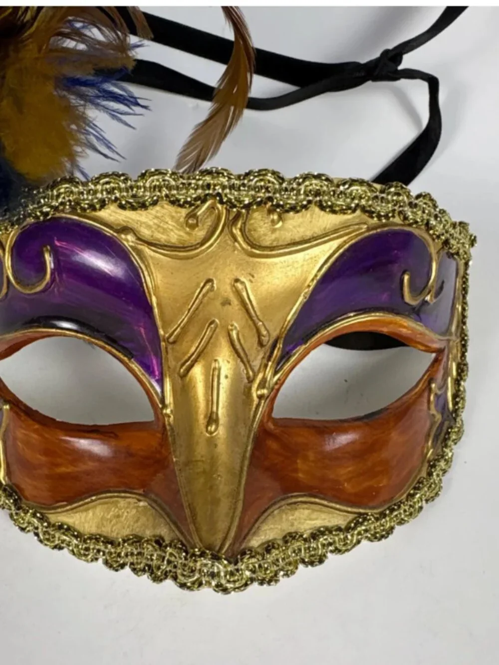 Vintage Mardi Gras Feather Mask | Hand Painted Paper Mâché Masquerade Mask